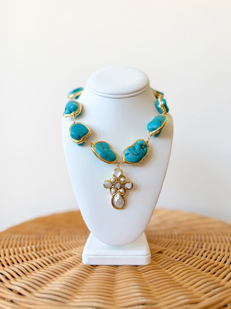 EE Stone Pearl Cross Necklace- Turquoise