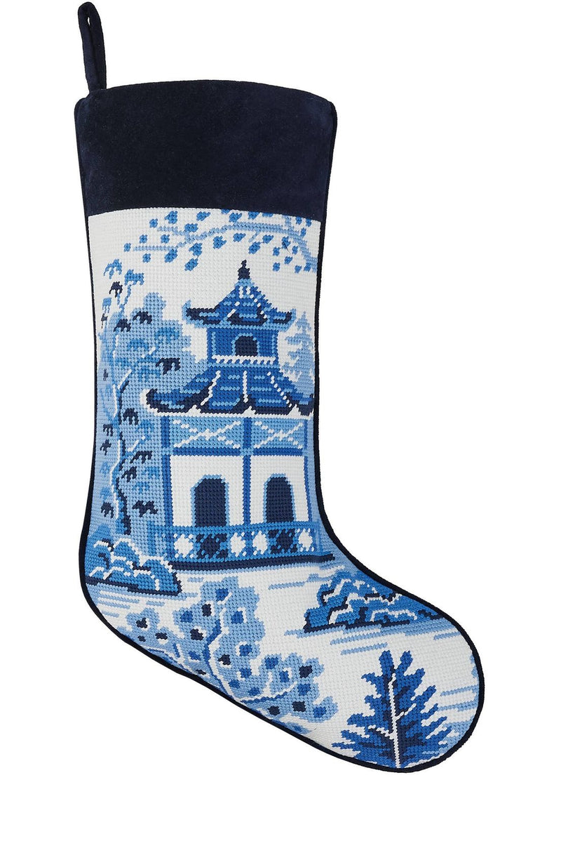 Chinoiserie Pagoda Embroidered Stocking