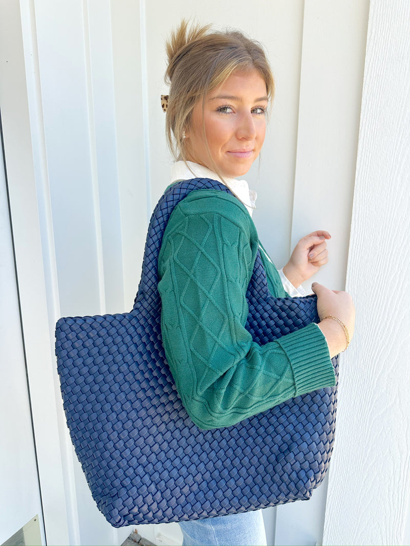 Gracie Woven Tote Bag- Navy